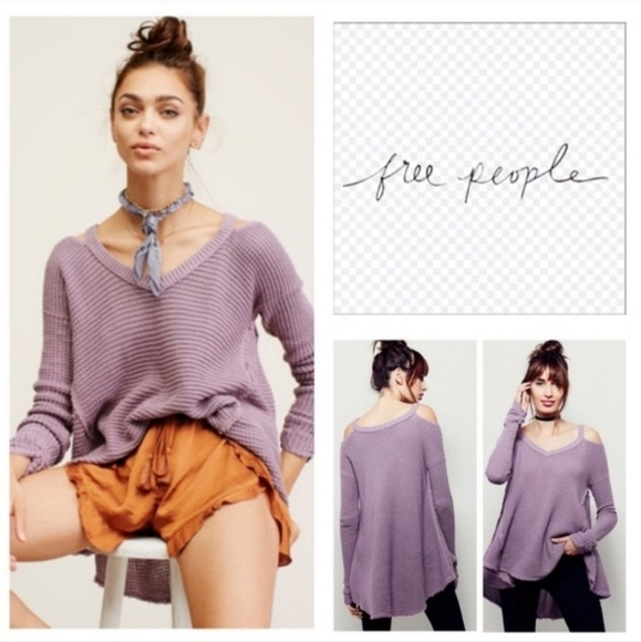 Free People Moonshine Waffle Knit Cold Shoulder Sweater in Lavender Size Medium - Picture 1 of 14